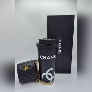 CHANEL GWP Black Gold Travel Mug  Quilted Vegan Leather Holder NIB Gift Set
